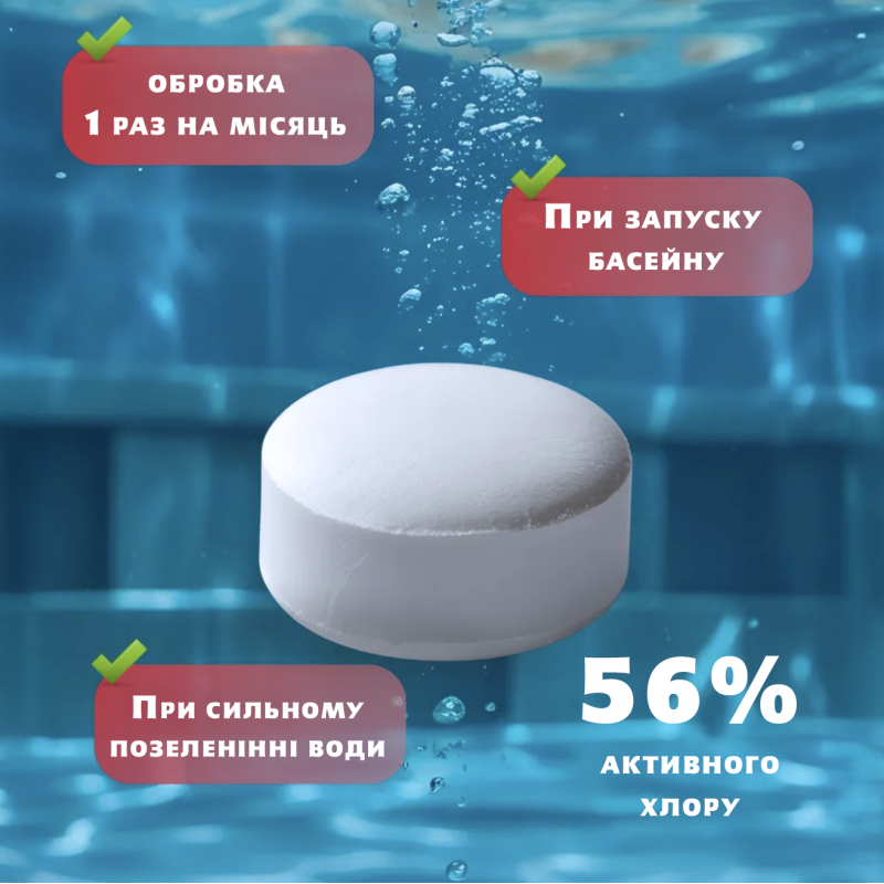 Шок швидкий хлор для басейну шокової дії в маленьких таблетках по 20 г для первинного оброблення води