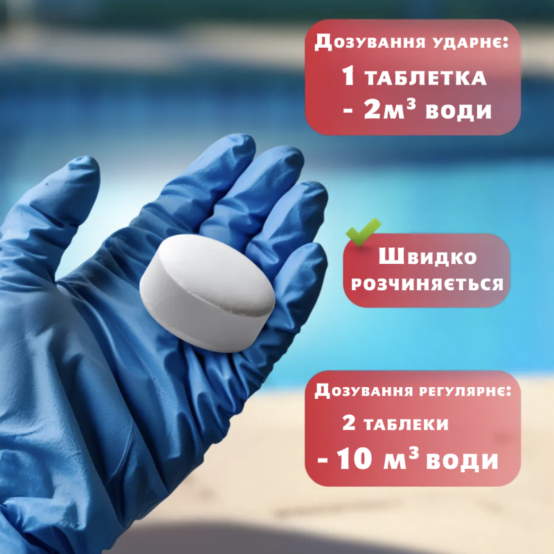 Шок швидкий хлор для басейну шокової дії в маленьких таблетках по 20 г для первинного оброблення води